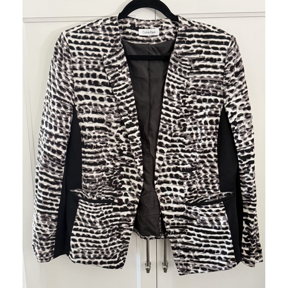 Calvin Klein Blazer Jacket Womens 14 Black White Linen Animal Print Open Front